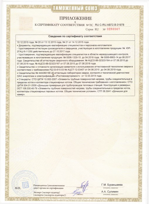 Приложение к Сертификату соответсвия Таможенного союза 5